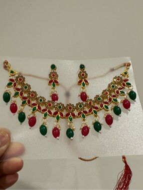 Gold-Tone Red & Green Stone Choker Necklace Set With Adjustable Cord